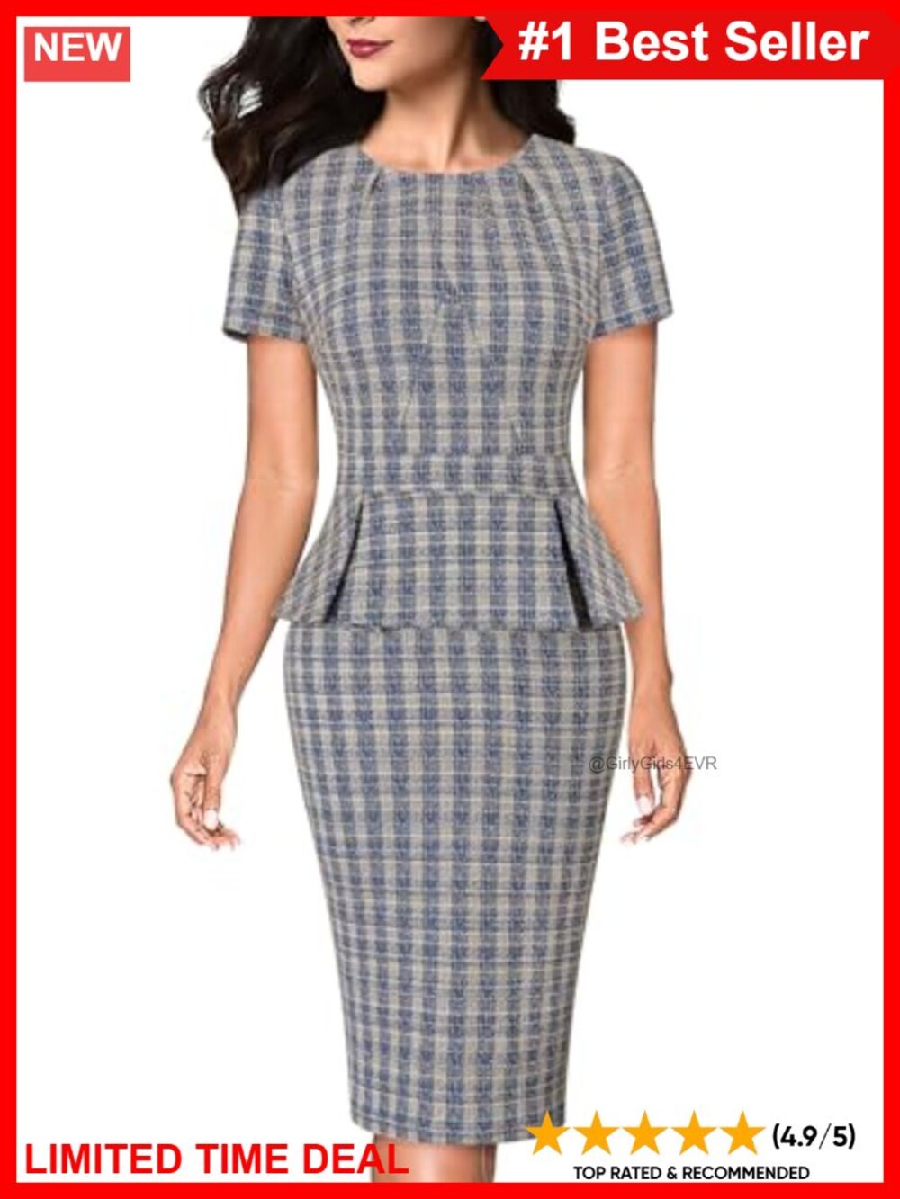 Plaid Tweed Peplum Sheath Dress Short Sleeve Knee-Length Work Office